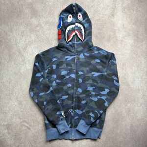 Bape Shark Hoodie Men's Size S Blue Camo Full Zip Streetwear Classic Rare